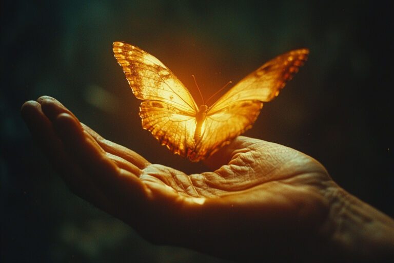 A vintage 35mm film-style close-up of an aged open hand gently releasing a glowing butterfly. KI-generiertes Bild: Andreas Beer